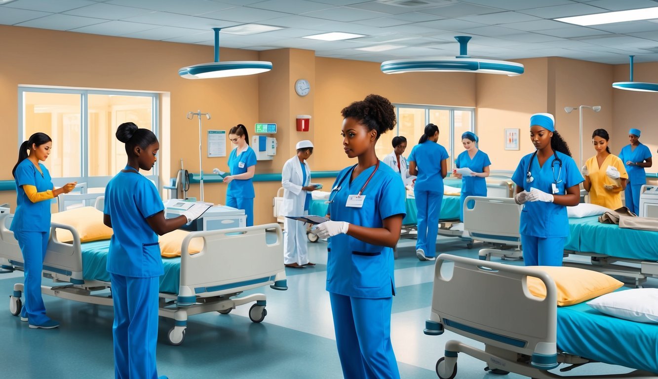 A busy hospital floor with LPNs and RNs performing various tasks, such as administering medication, checking vital signs, and communicating with patients and families