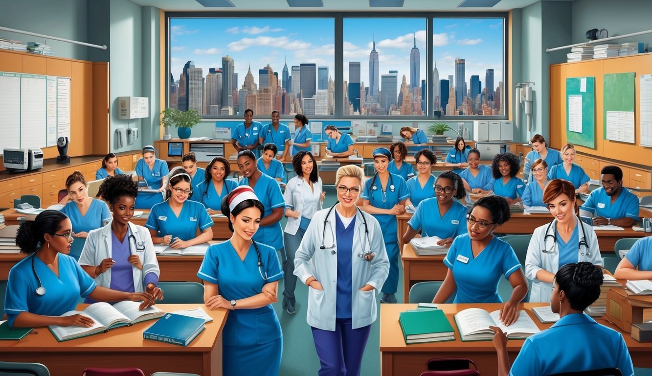A bustling classroom filled with nursing students and instructors, surrounded by medical equipment and textbooks, with the New York skyline visible through the window