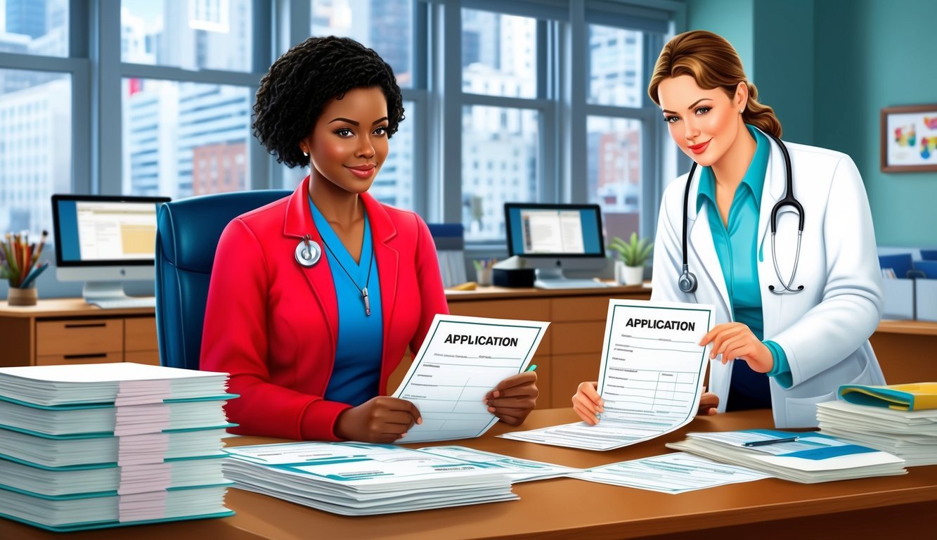 A nurse reviewing application forms in a busy New York hospital office