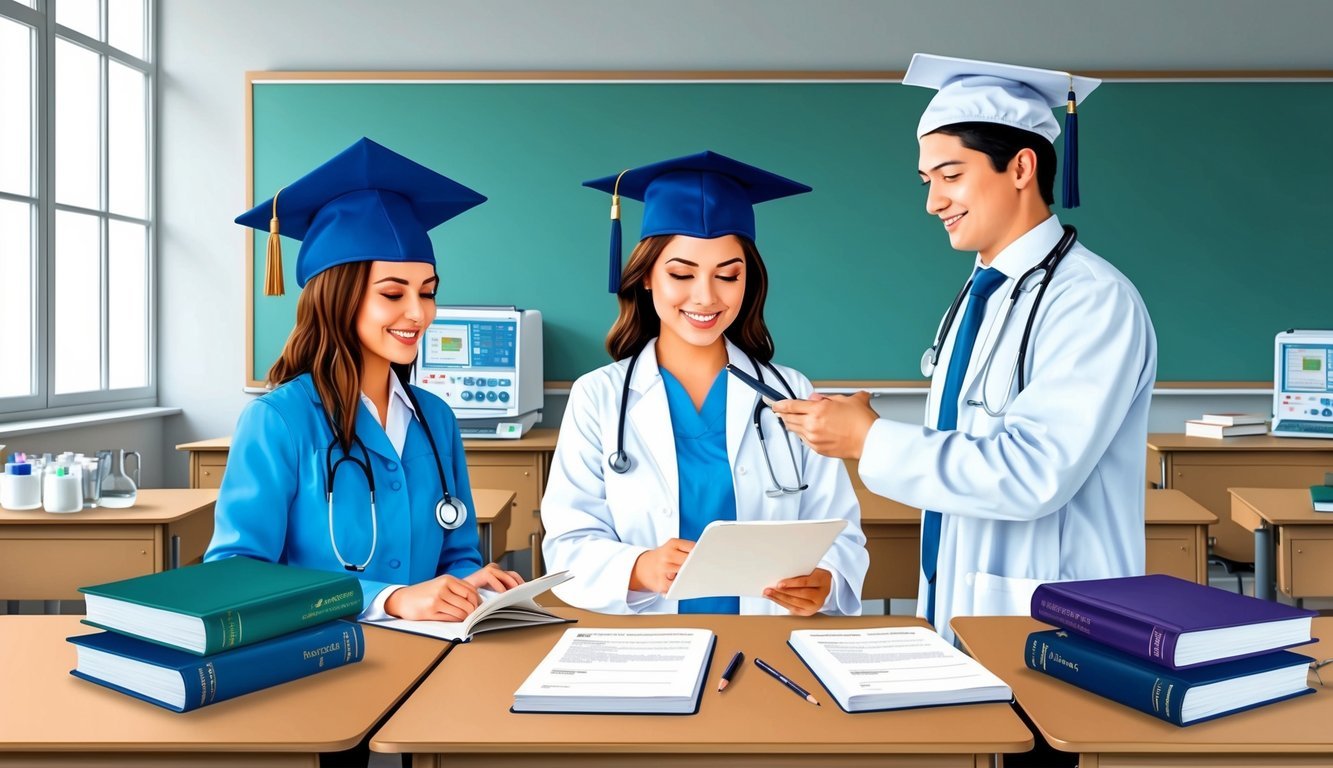 A classroom setting with medical equipment and textbooks, a graduation cap and diploma, and a certification exam being administered