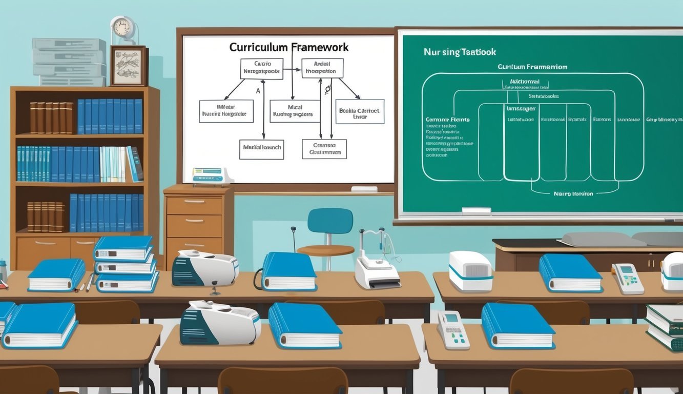 A classroom with nursing textbooks, medical equipment, and a whiteboard with a curriculum framework diagram