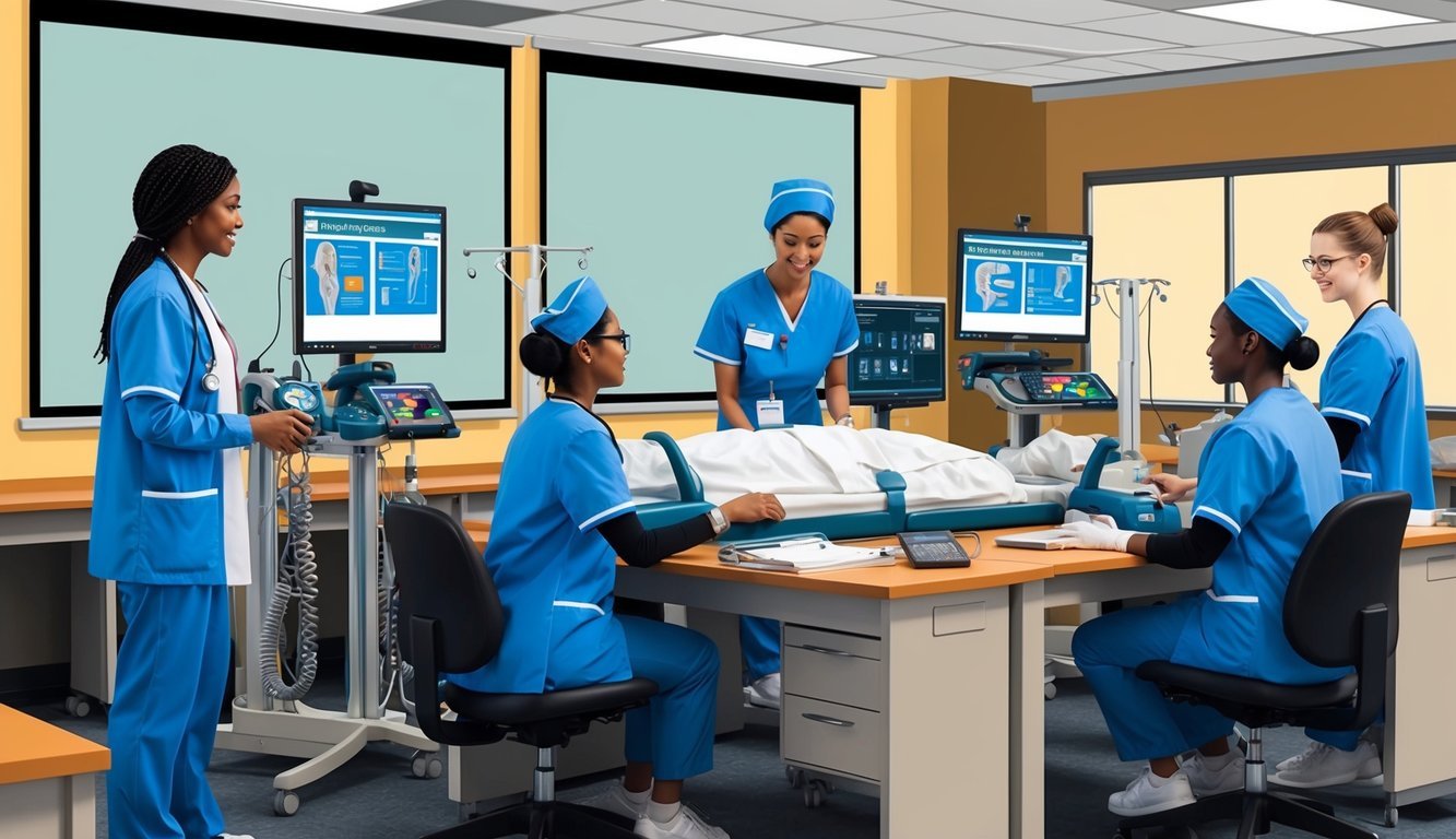 A classroom setting with nursing students using simulation equipment for research and education in a New York nursing program