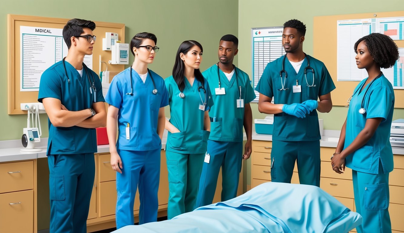A group of students in medical scrubs observing a simulated clinical setting, with medical equipment and charts in the background