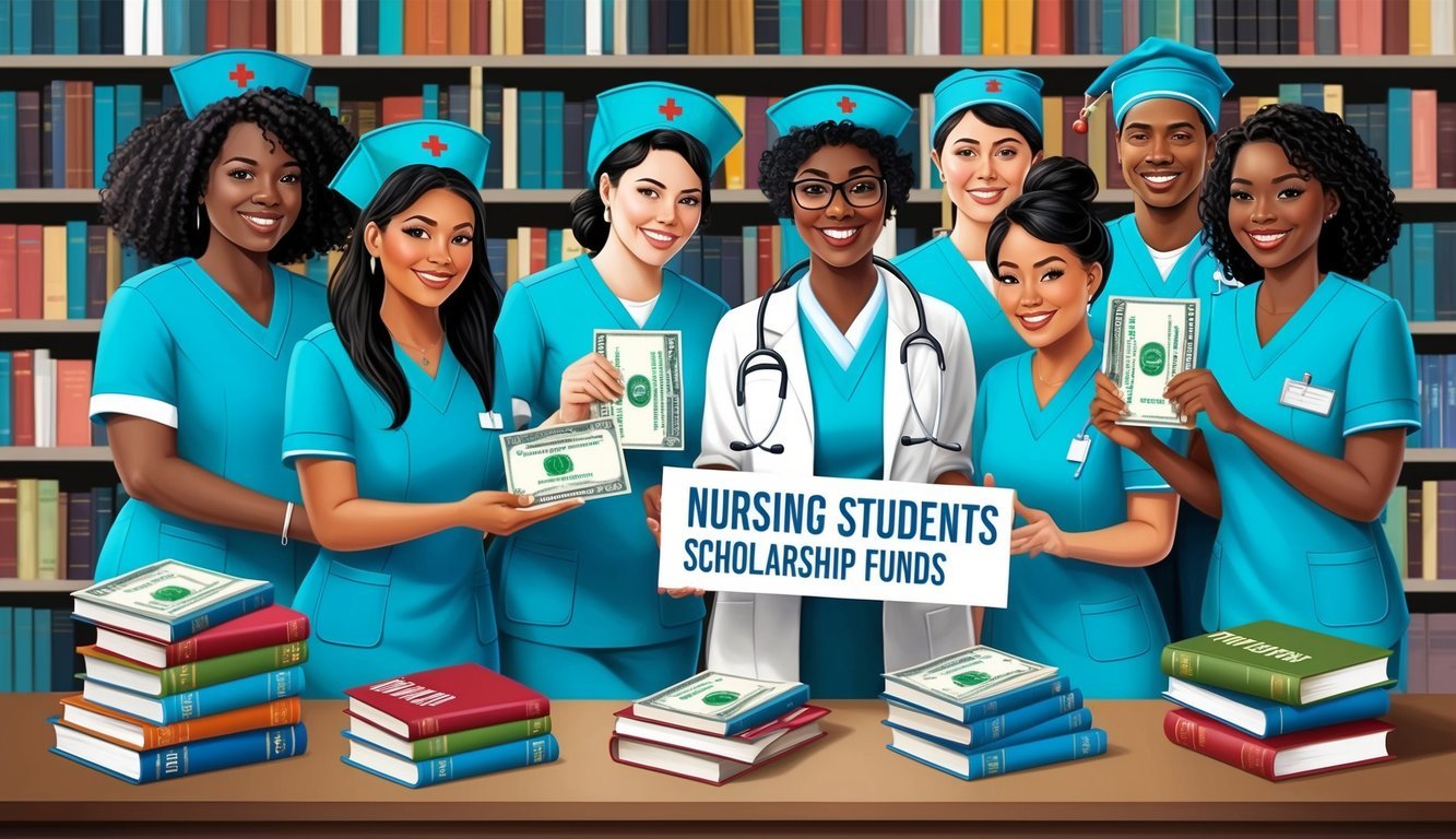 A group of nursing students in New York receive scholarship funds, surrounded by books and medical equipment
