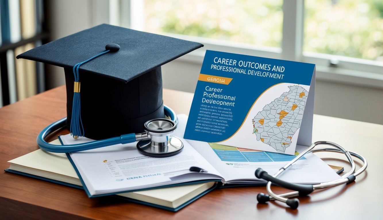 A graduation cap and stethoscope sit on a desk, next to a diploma and a map of Georgia.</p><p>A CRNA school brochure is open to a page on career outcomes and professional development