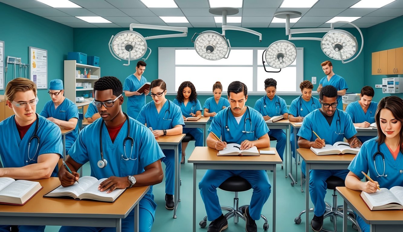 A classroom filled with surgical tech students, studying textbooks and practicing on medical equipment
