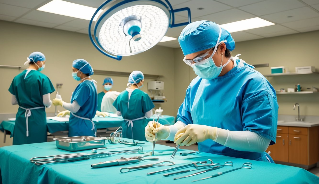 A surgical technologist prepares instruments in a sterile operating room at a school with surgical tech programs