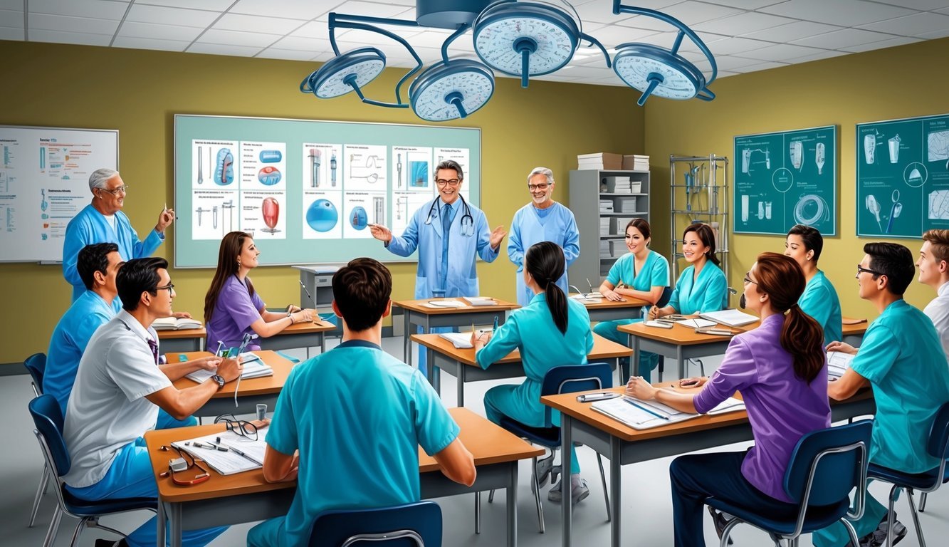 A classroom filled with surgical instruments, diagrams, and eager students learning from experienced instructors