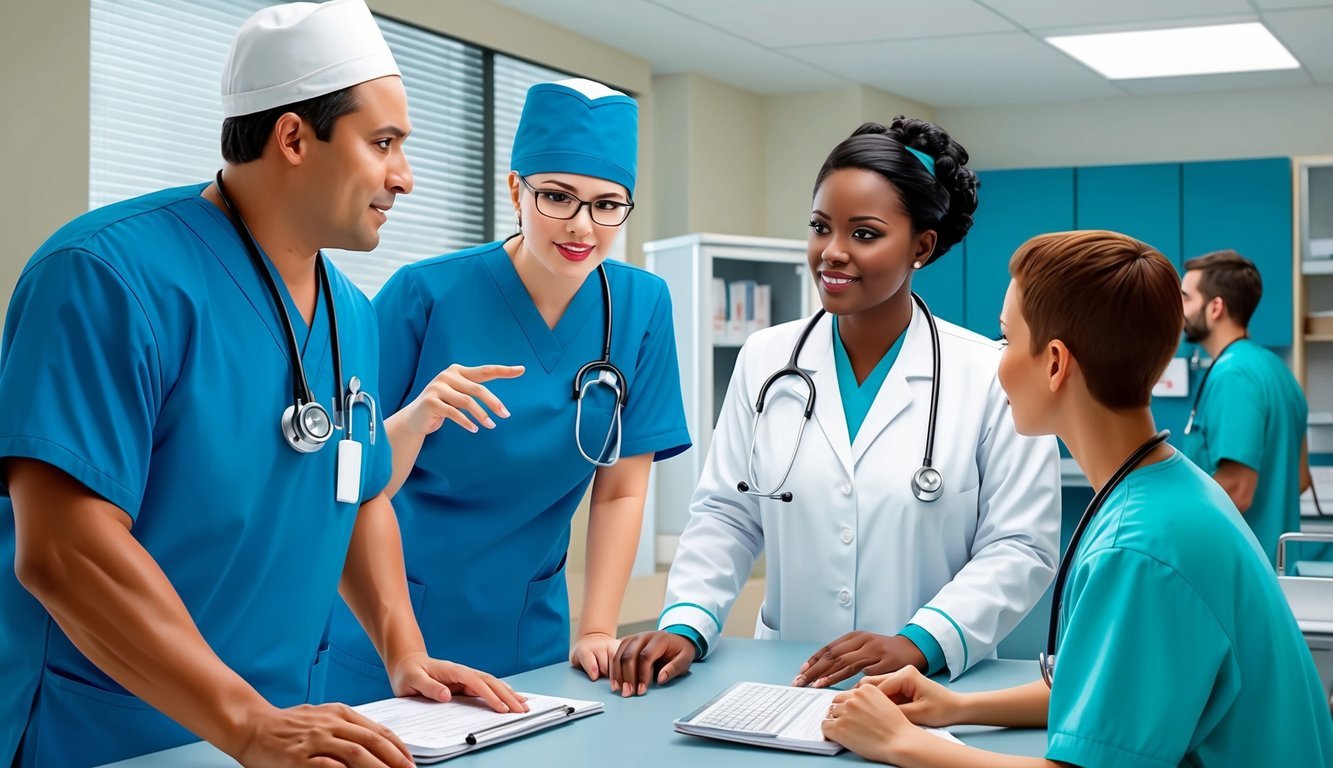 A clinical nurse specialist consulting with medical staff in a hospital setting