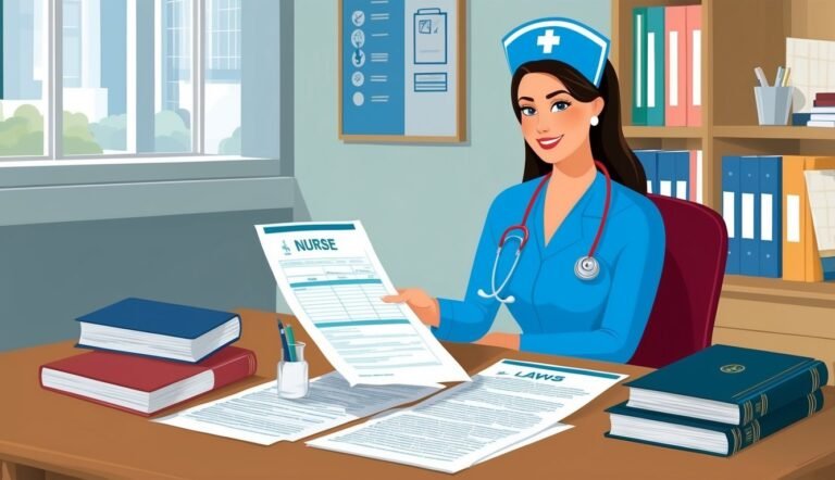 Cartoon nurse at desk, holding a form, with books and medical documents