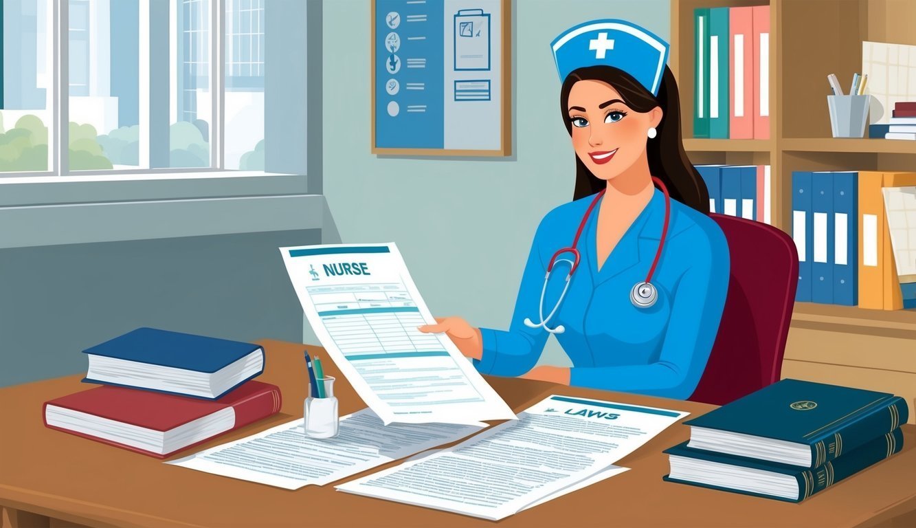 Cartoon nurse at desk, holding a form, with books and medical documents