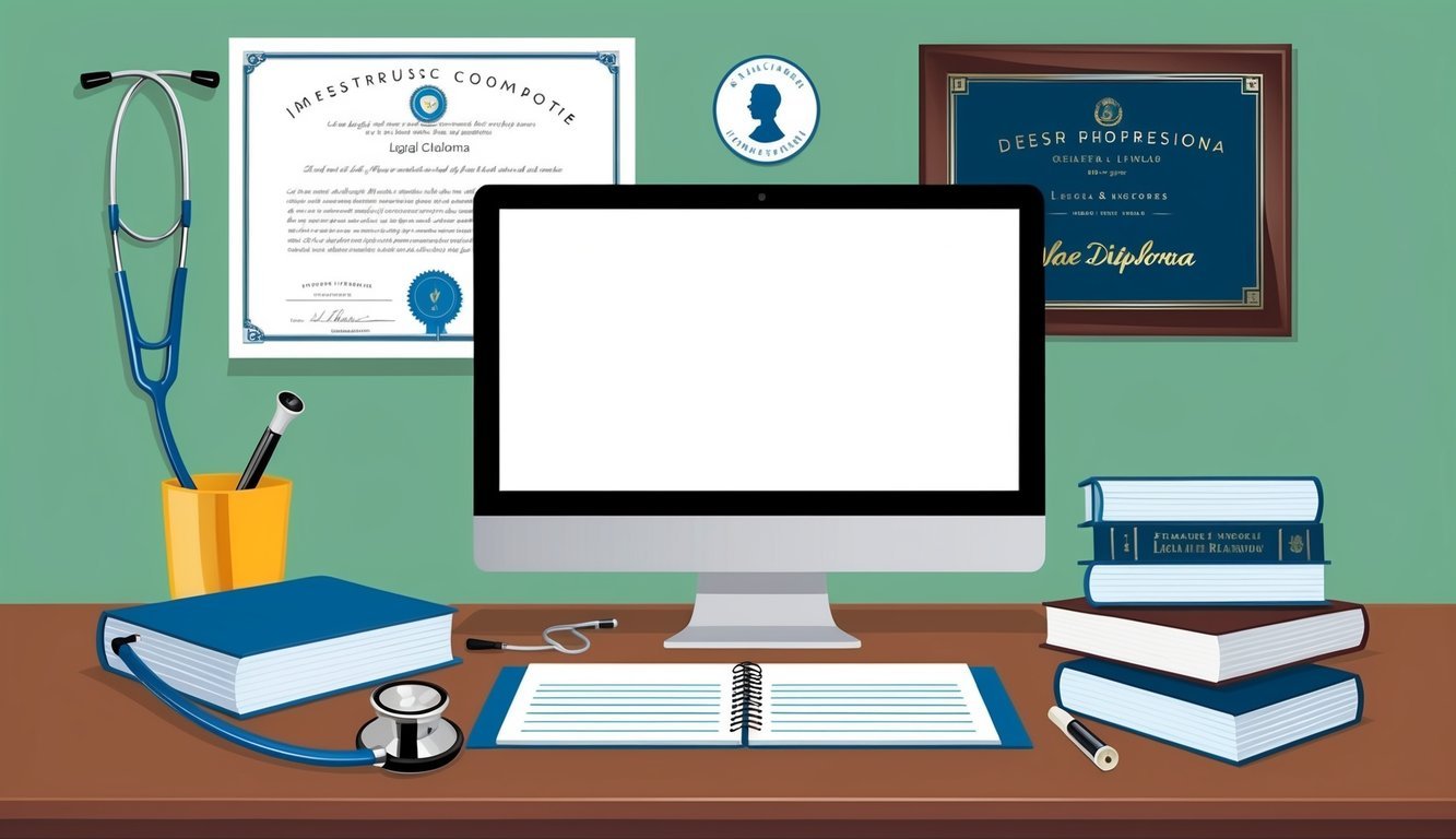 A desk with a computer, legal books, and a diploma on the wall.</p><p>A stethoscope and legal pad sit nearby