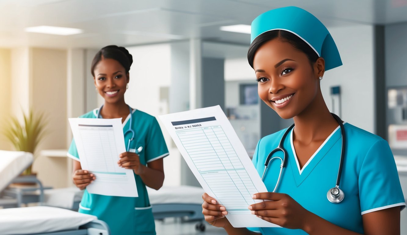 An OB/GYN nurse smiling while reviewing patient charts in a modern hospital setting