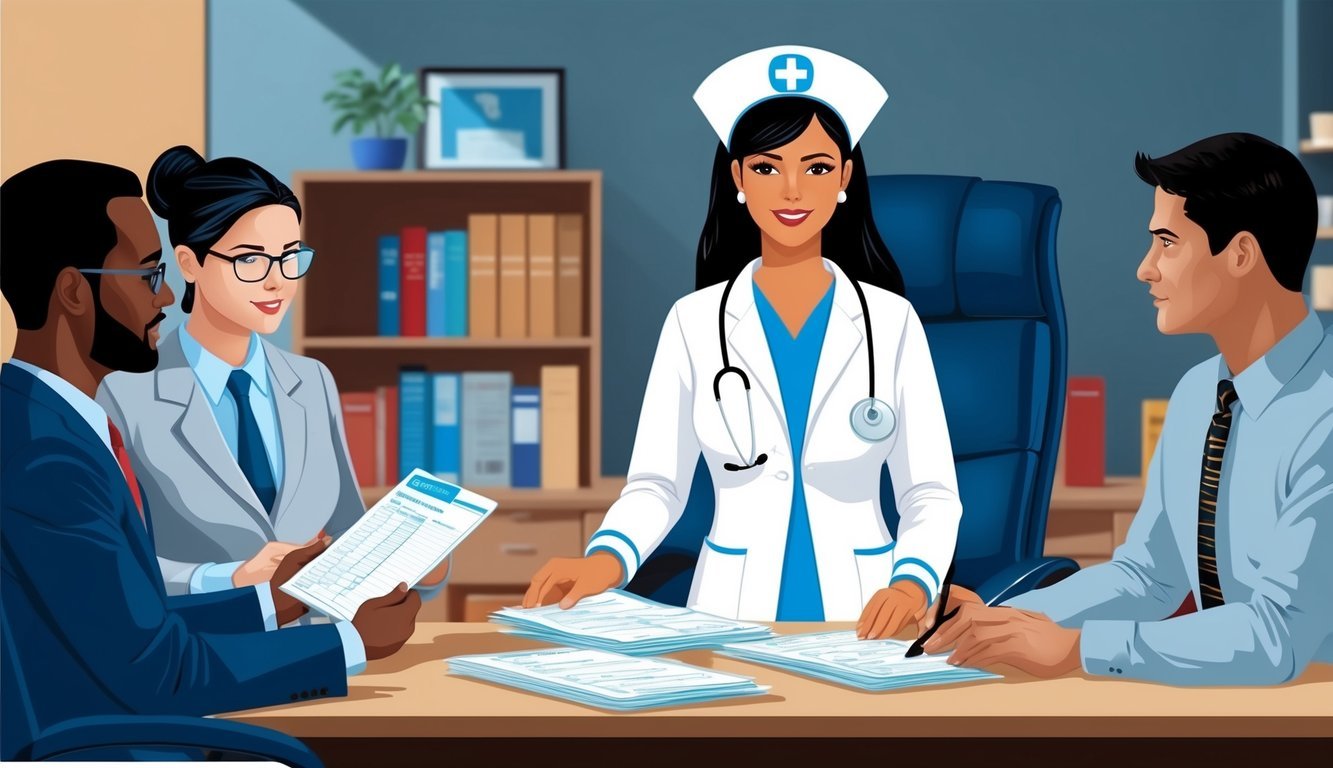 A legal nurse consultant reviewing medical records and consulting with attorneys in a law office