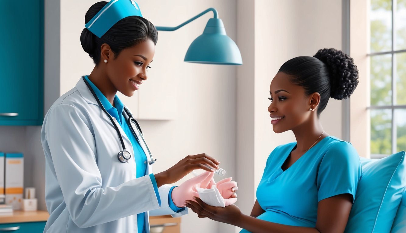 An obgyn nurse engages with a patient, educating and providing support in a clinical setting