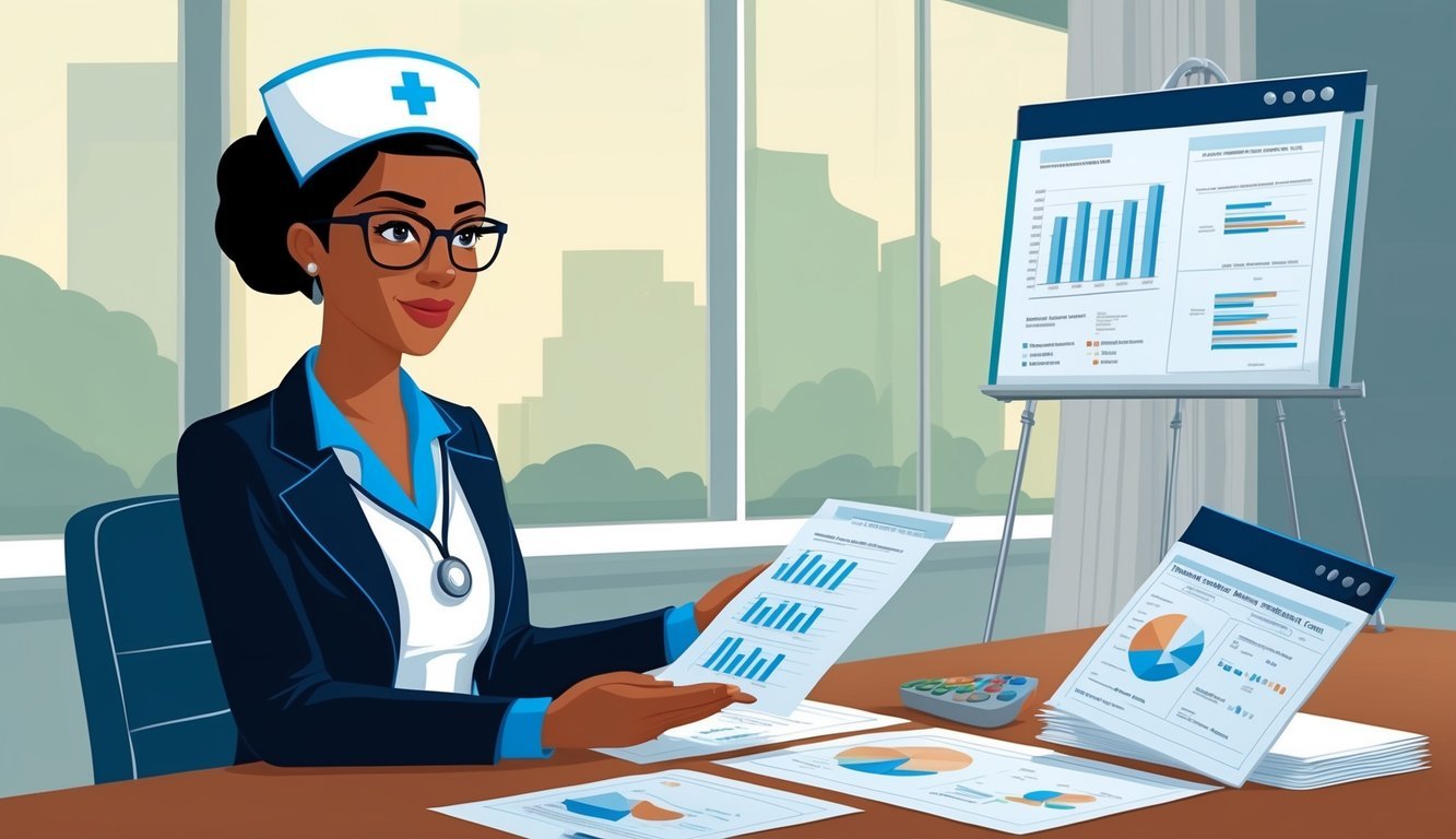 A legal nurse consultant reviewing financial documents and charts for a case