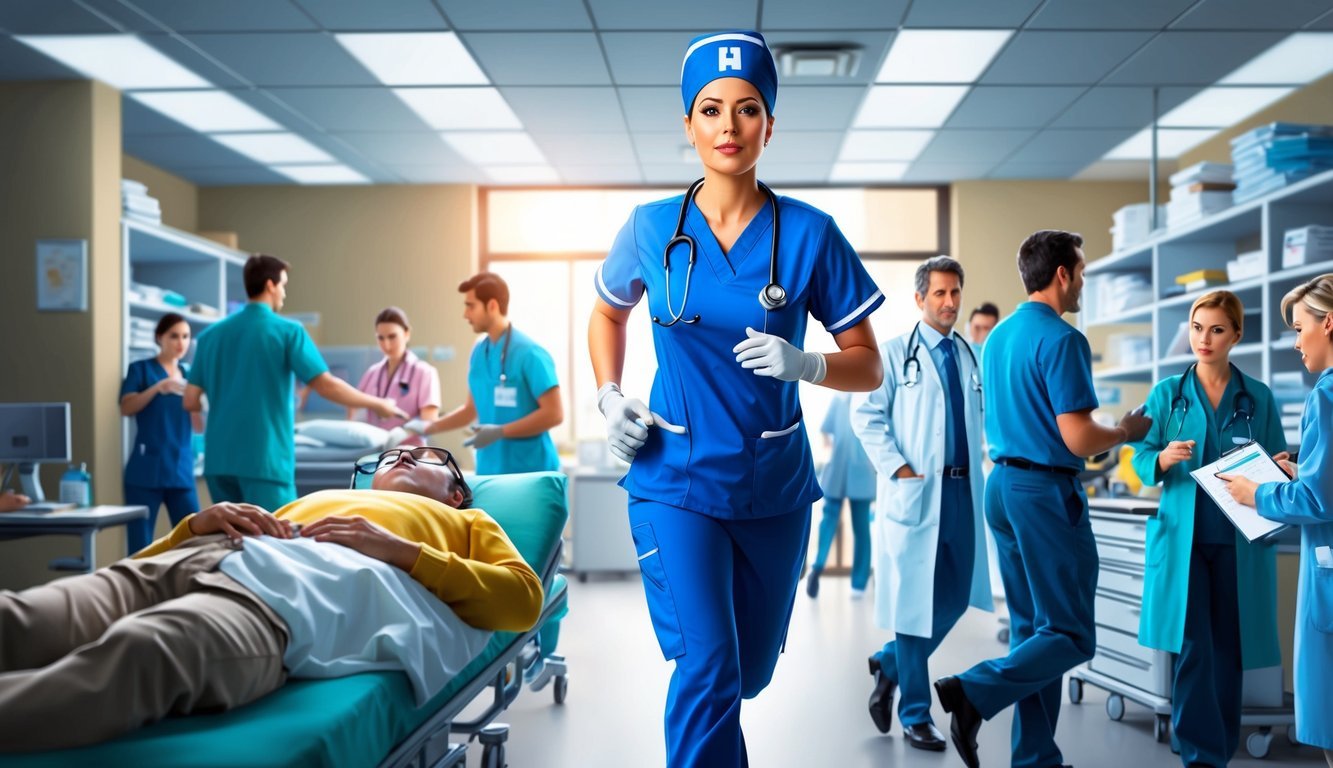 An ER nurse in scrubs and a stethoscope, rushing through a chaotic emergency room, attending to patients and coordinating with doctors and staff