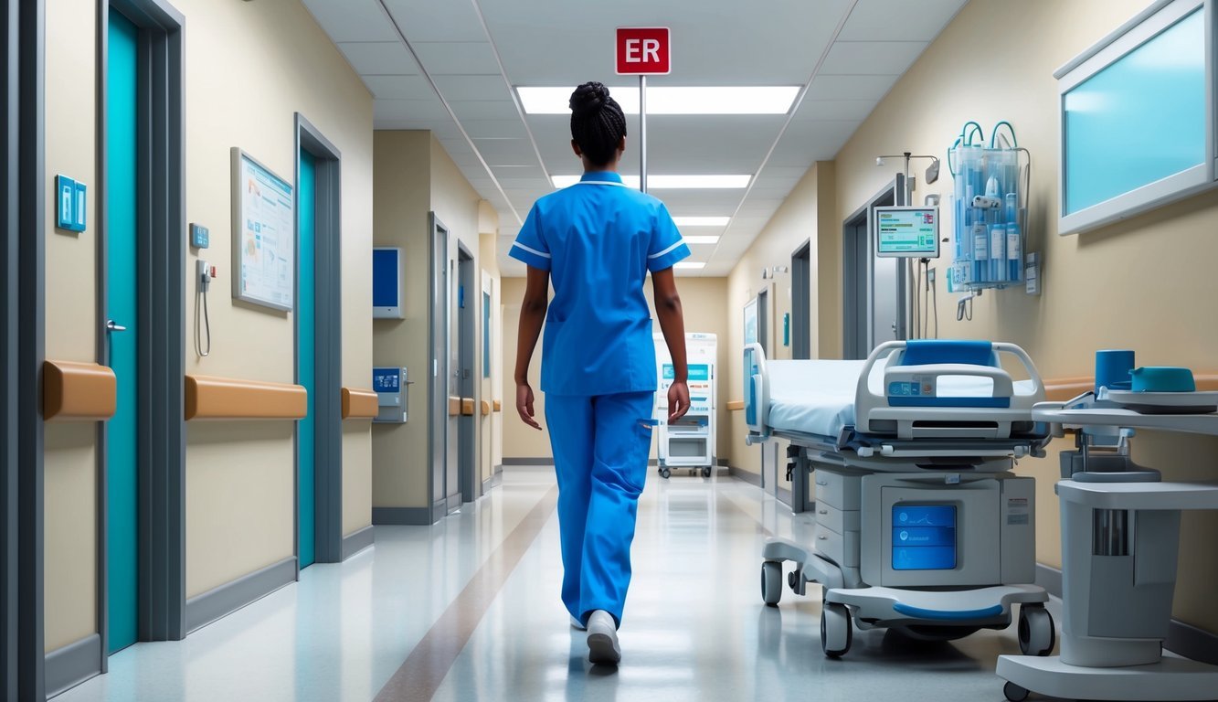 A person in nursing scrubs navigating through a hospital corridor, passing by various medical rooms and equipment, with a sign pointing towards the ER