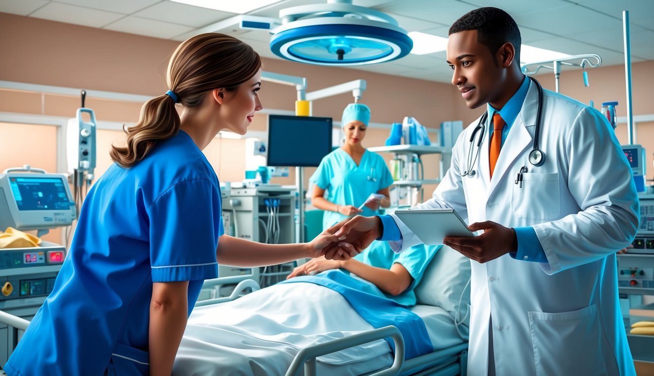 A nurse in scrubs assisting a doctor in an ER, surrounded by medical equipment and patients