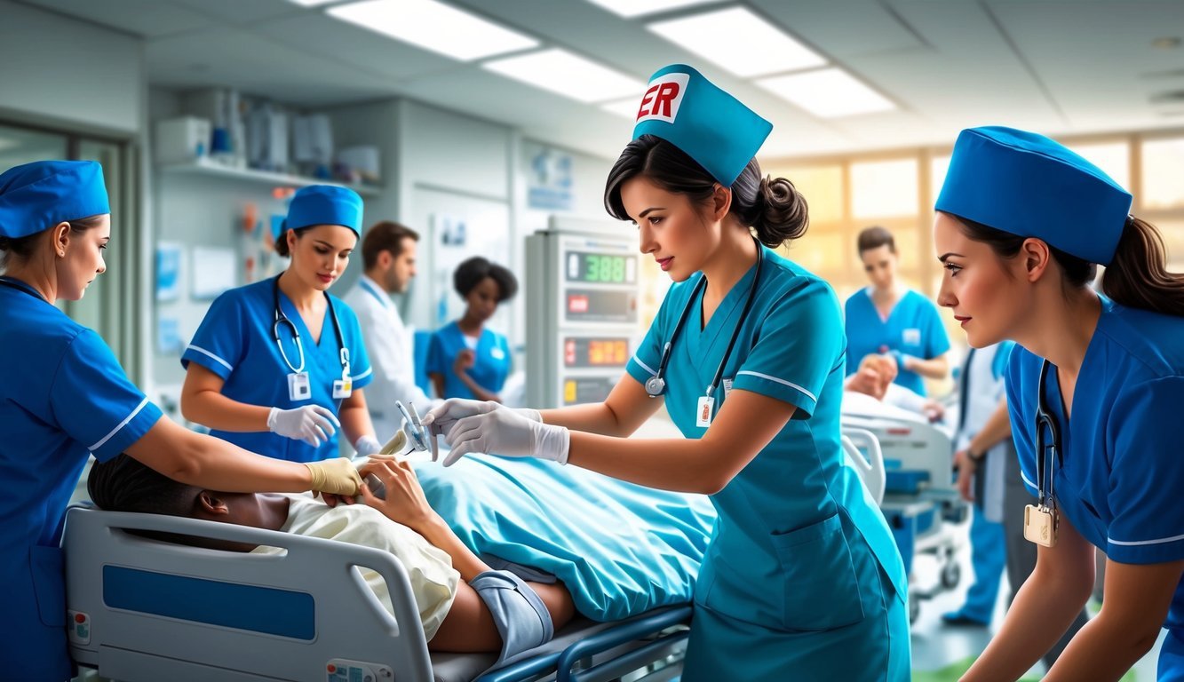 An ER nurse in action, attending to patients, checking vital signs, and assisting the medical team in a busy hospital setting