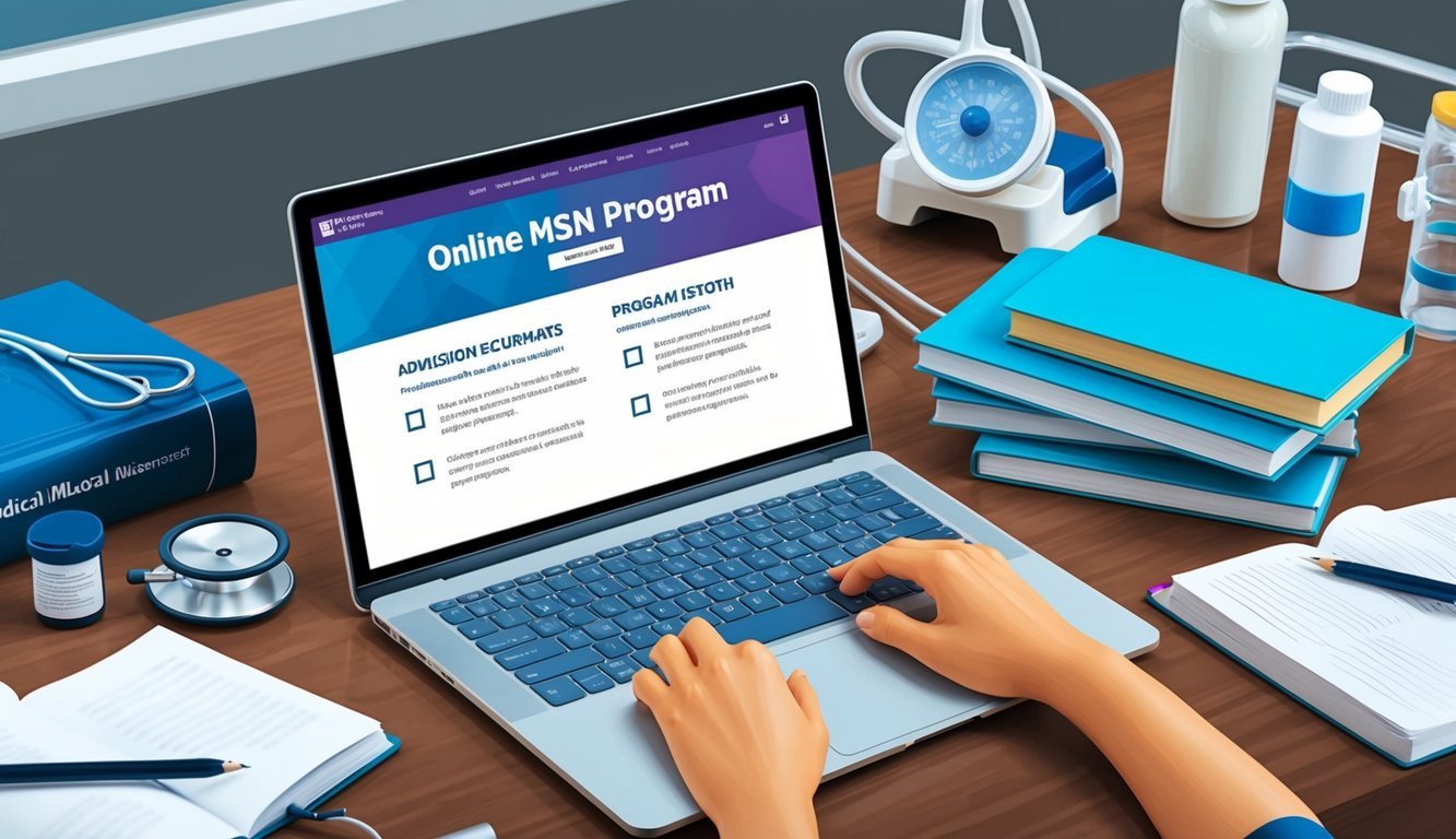 A laptop displaying an online MSN program website with a checklist of admission requirements and program length, surrounded by medical equipment and textbooks