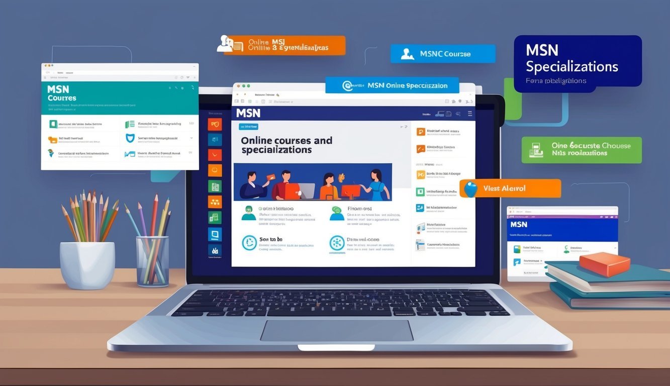 A laptop with various open tabs showing online MSN courses and specializations