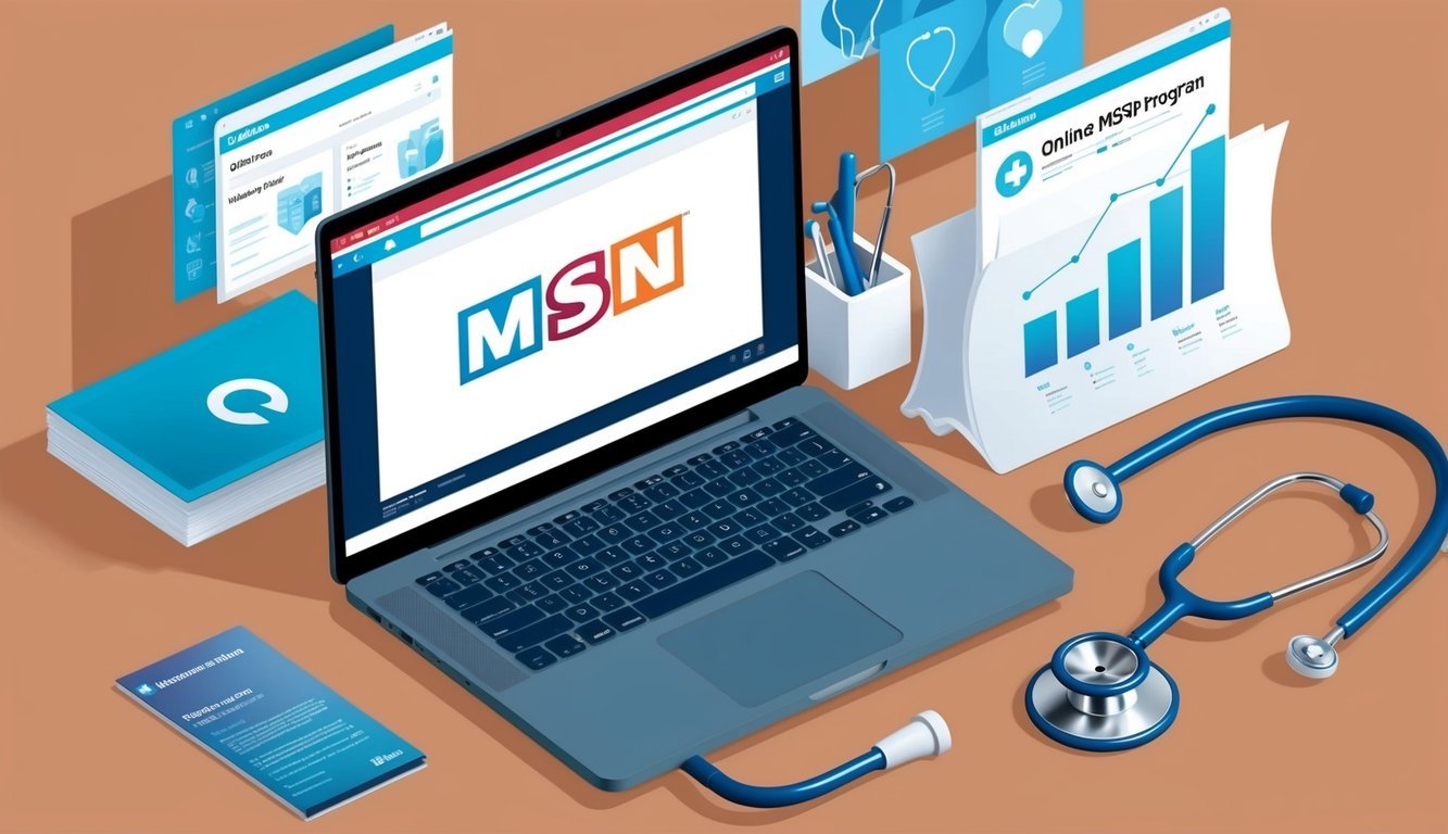 A laptop displaying an online MSN program surrounded by healthcare trend research materials and a stethoscope