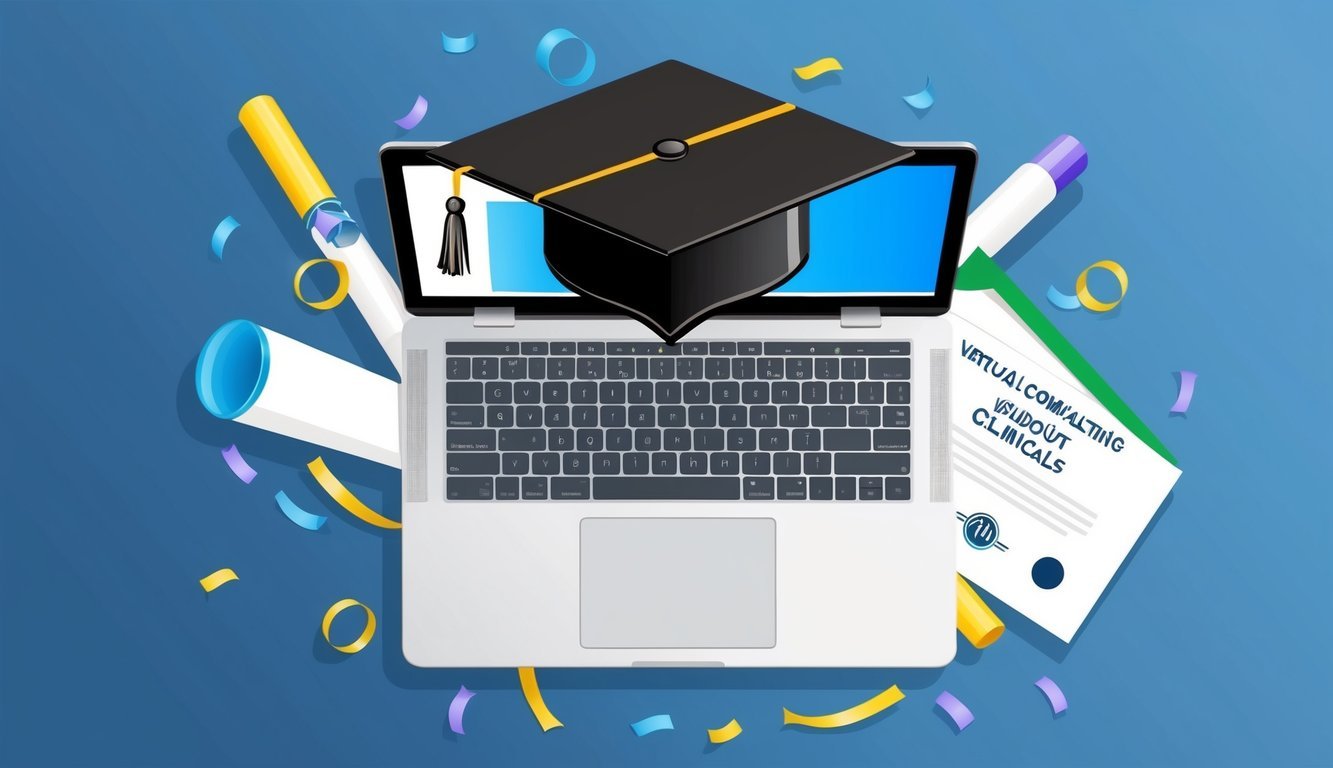A laptop with a graduation cap on top, surrounded by virtual graduation confetti and a diploma, symbolizing success after completing an online MSN program without clinicals