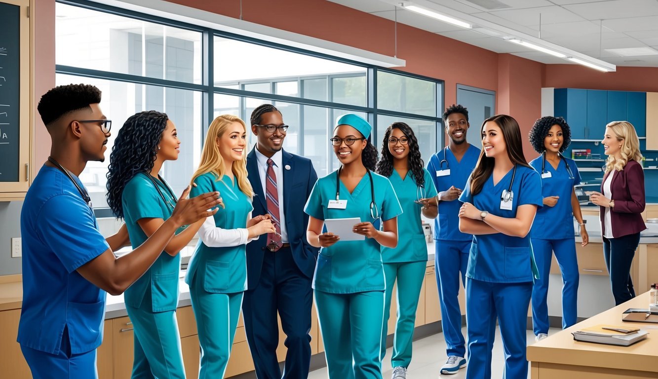 A group of students touring a modern nursing school in Minnesota, interacting with faculty and exploring state-of-the-art facilities