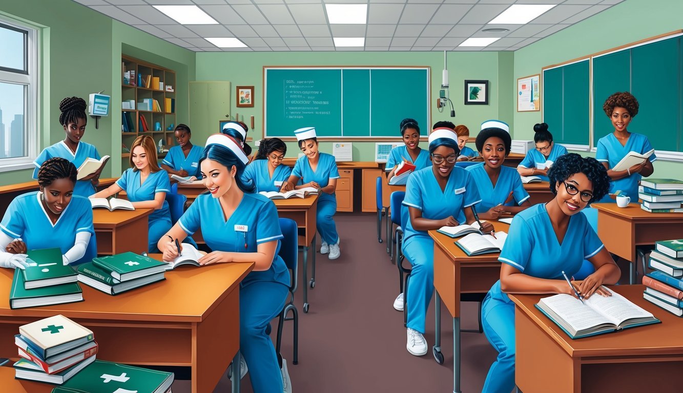 A classroom filled with nursing students, textbooks, and medical equipment