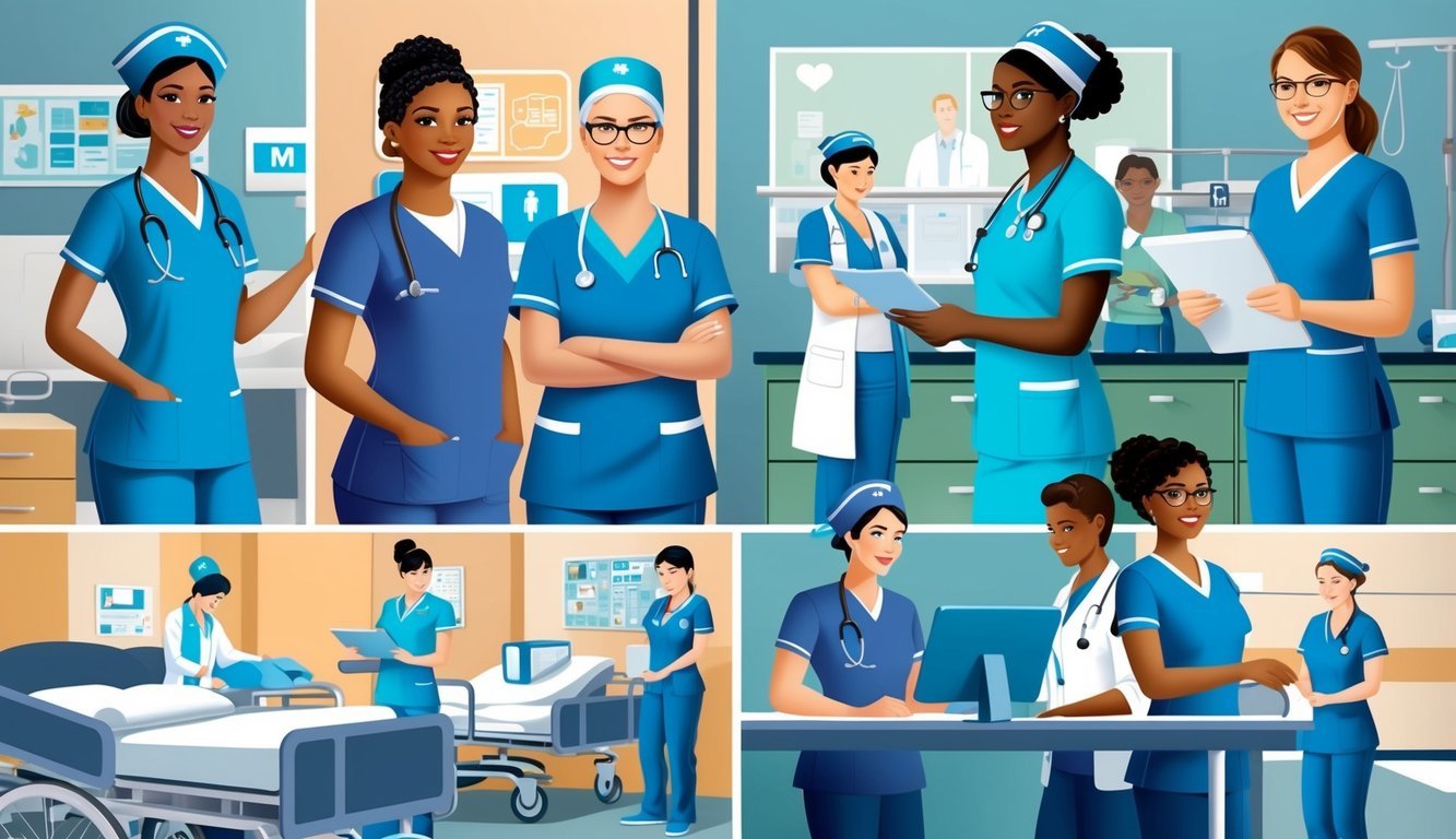 A group of nurses in Minnesota are shown working in various healthcare settings, such as hospitals, clinics, and long-term care facilities