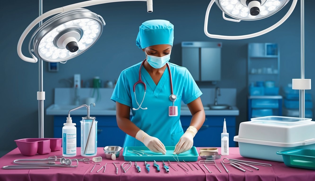 A surgical nurse preparing sterile instruments and equipment for a procedure