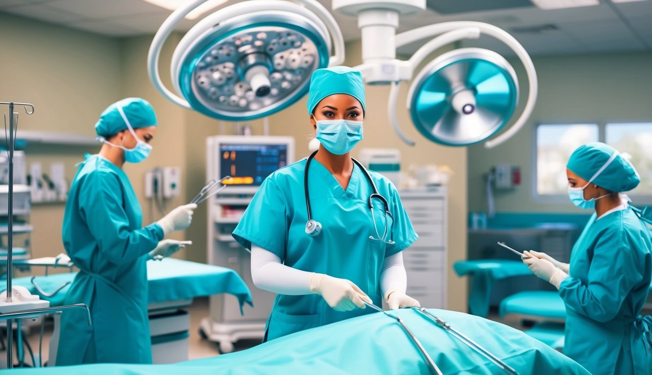 A surgical nurse confidently handles medical instruments in an operating room, demonstrating clinical competence and skills
