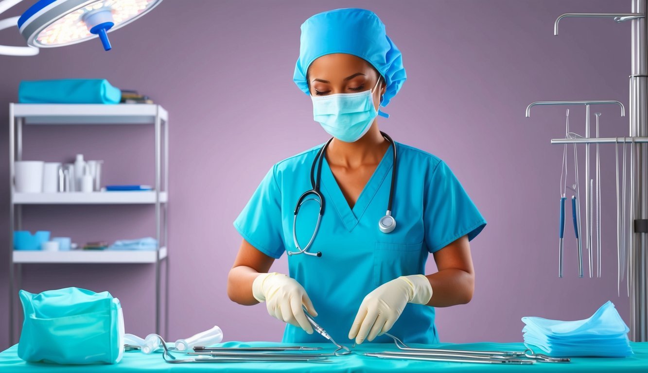 A surgical nurse in scrubs and a mask preparing instruments for a procedure
