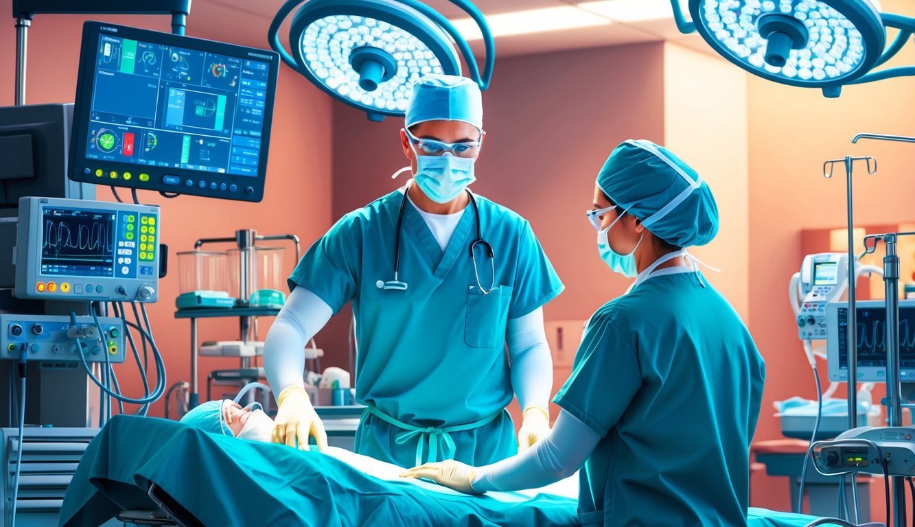 A surgical nurse in scrubs, surrounded by medical equipment and monitors, assisting a surgeon in an operating room