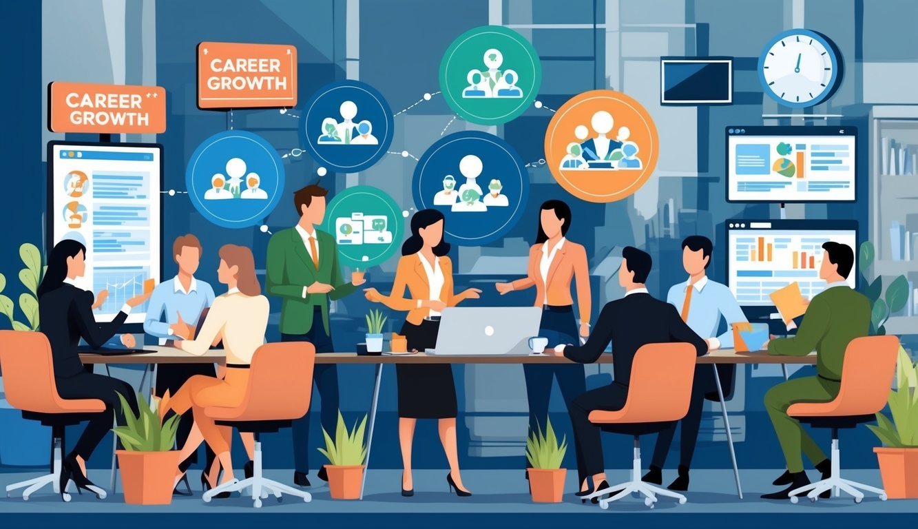 A bustling office with employees networking and collaborating, surrounded by signs of career growth and advancement opportunities