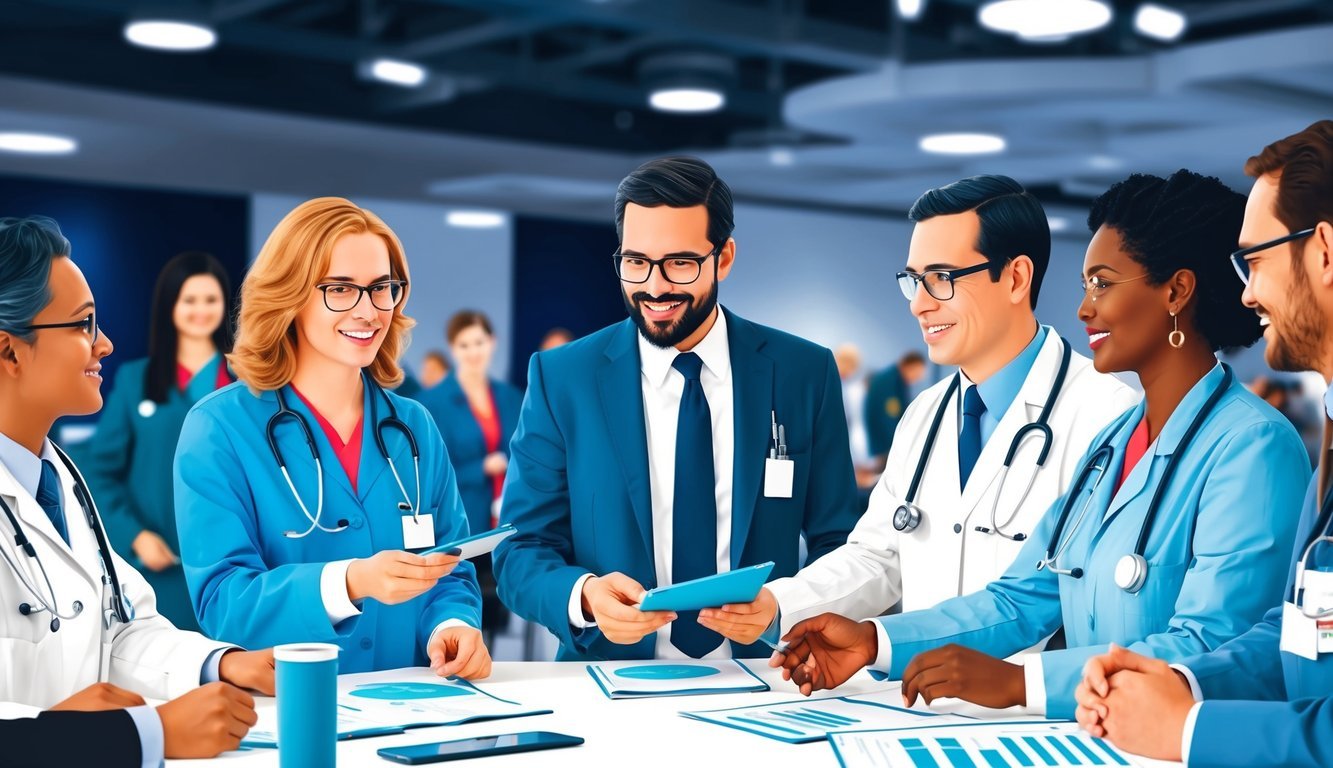 A group of medical professionals at a conference, exchanging resources and information