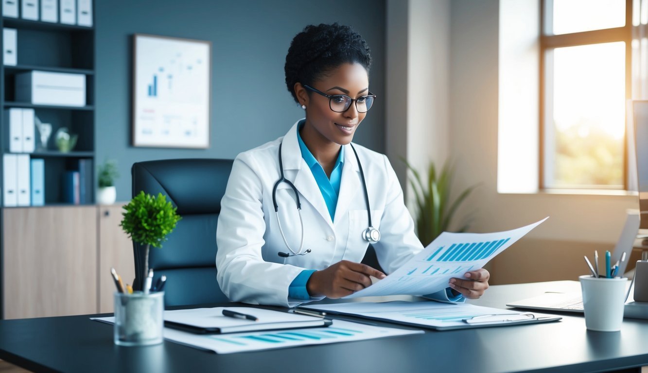 Black female doctor reviewing paperwork at her desk in office