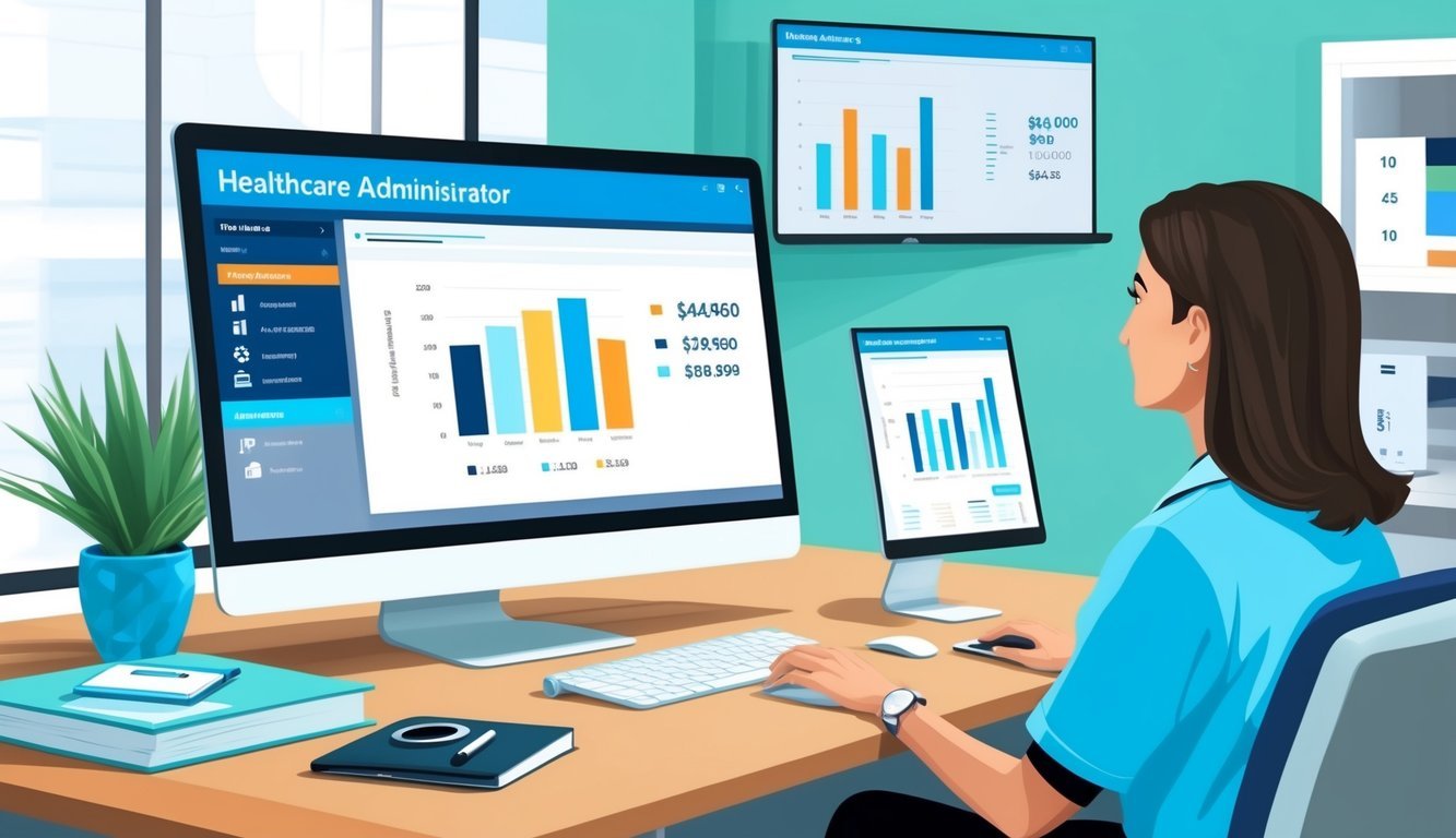 A healthcare administrator reviewing salary data on a computer with charts and graphs displayed on the screen