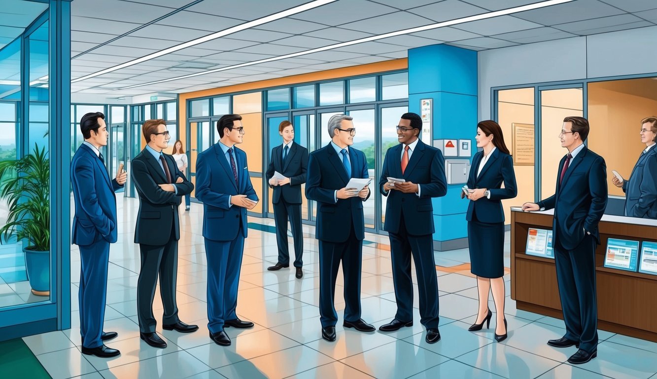 A bustling hospital lobby with professionals in suits discussing career advancement and financial growth