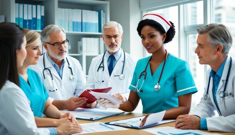Medical professionals in scrubs and white coats reviewing documents at a table
