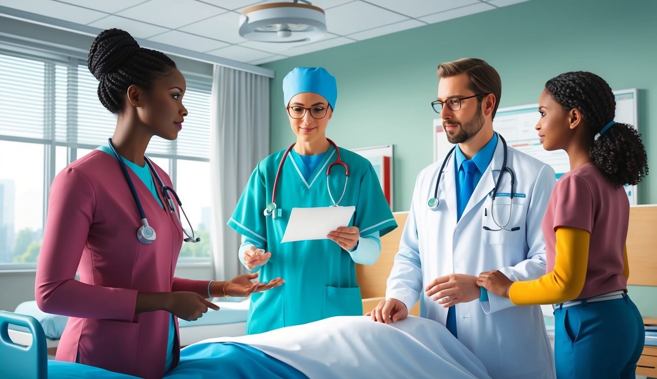 A cardiac nurse practitioner discussing treatment options with a patient's family in a hospital room