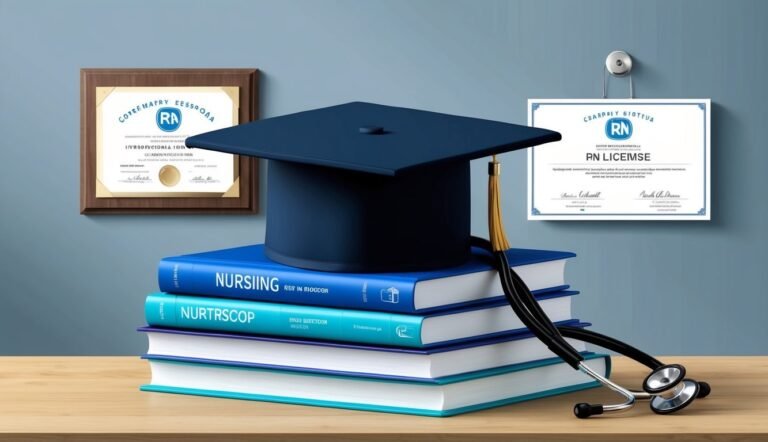 Graduation cap, nursing books, stethoscope, and RN licenses on a wooden surface