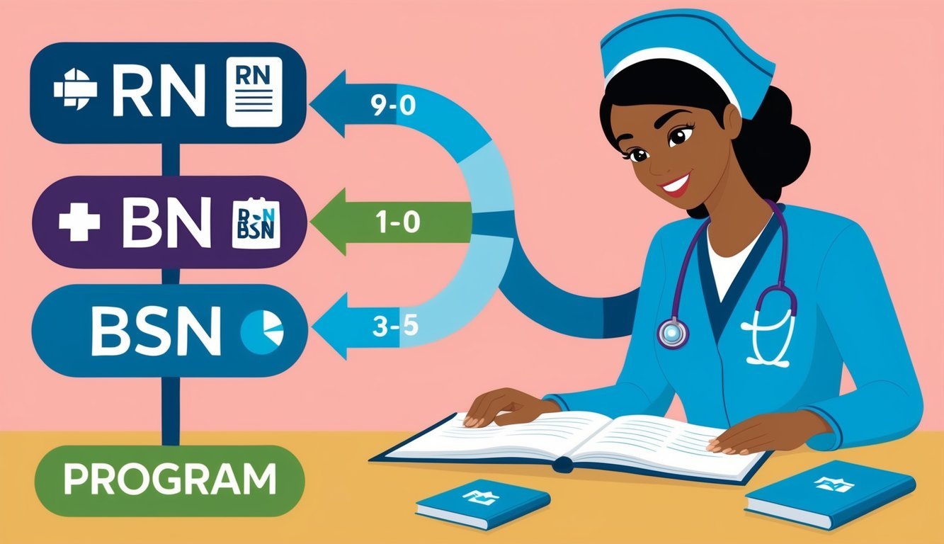 A nurse reviewing a curriculum timeline, with RN and BSN symbols connected by a progress bar showing the duration of the program