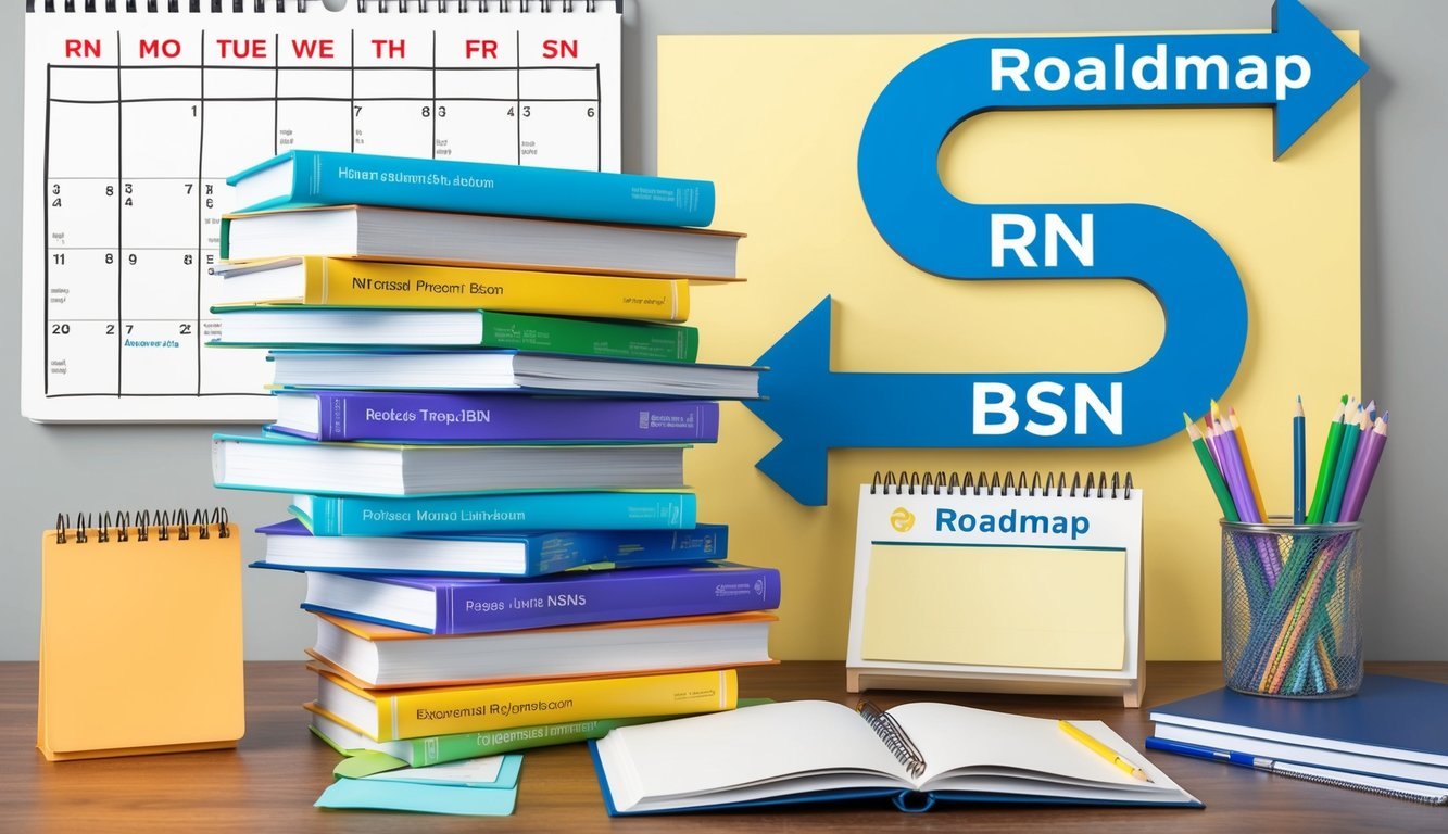 A stack of textbooks and a roadmap showing the progression from RN to BSN, surrounded by a calendar and study materials