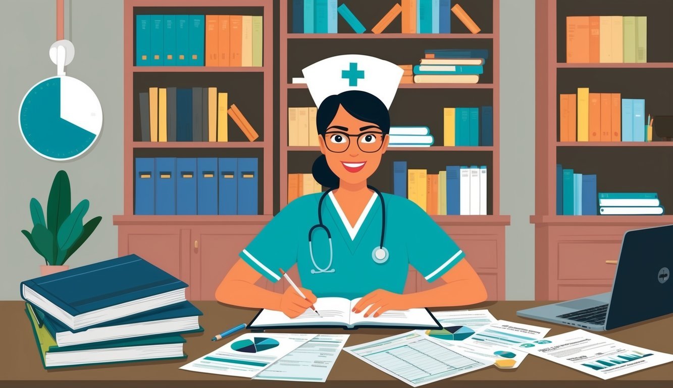 A nurse studying at home with textbooks, a laptop, and financial documents spread out on a desk