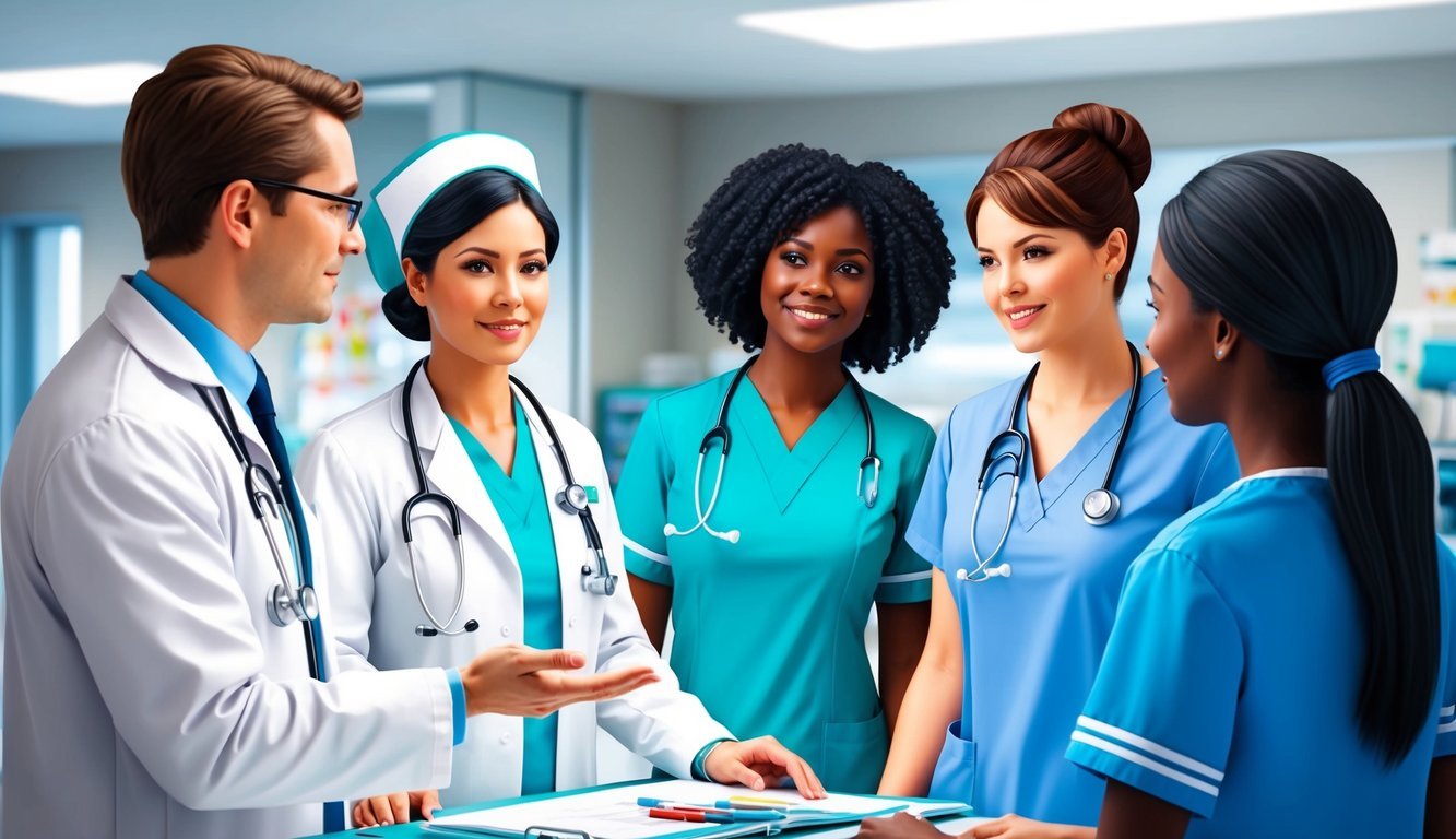 A cardiac nurse practitioner discussing patient care with a team of doctors and nurses in a hospital setting