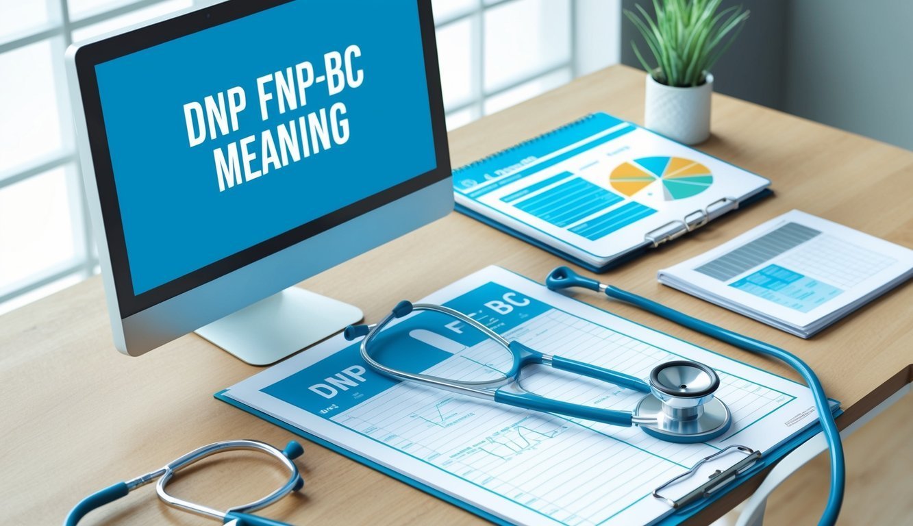 Computer screen with "DNP FNP-BC Meaning" and medical supplies