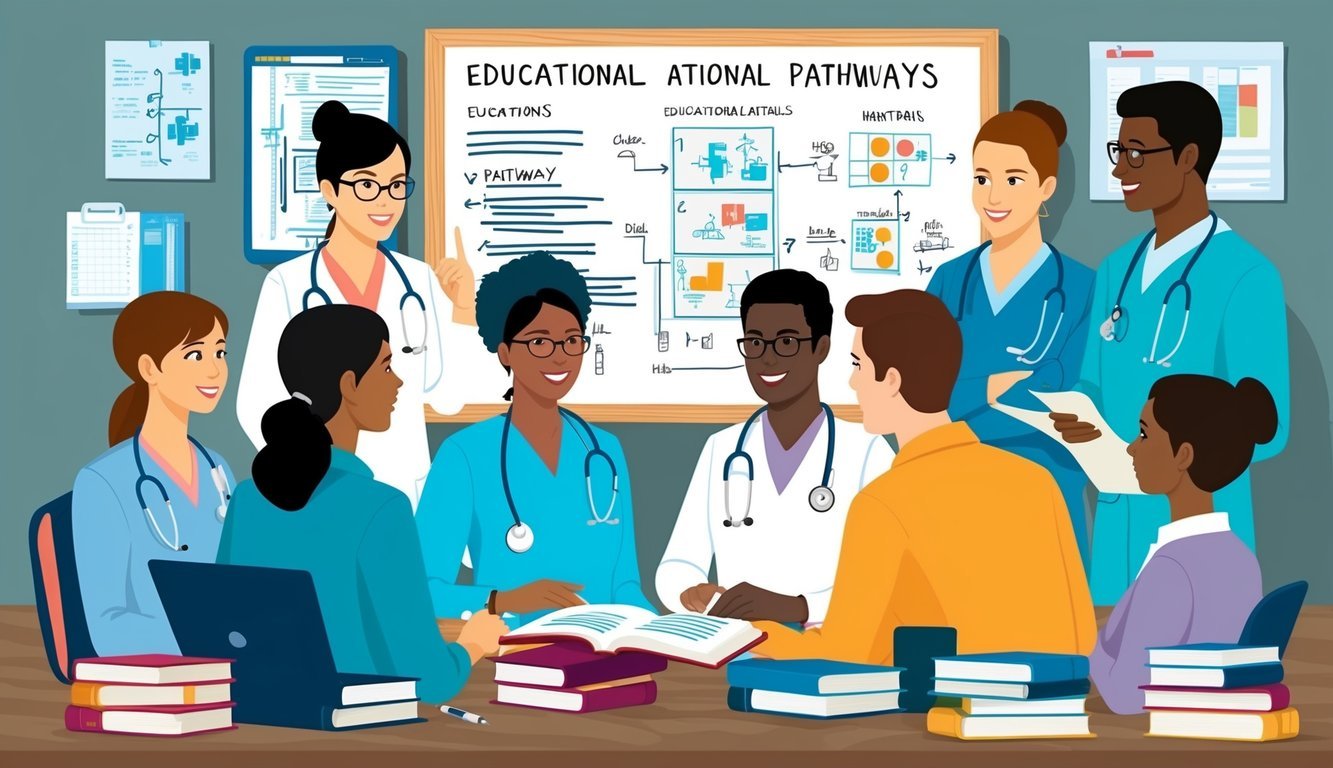A group of healthcare professionals discuss educational pathways, surrounded by books, medical equipment, and a whiteboard filled with diagrams and notes