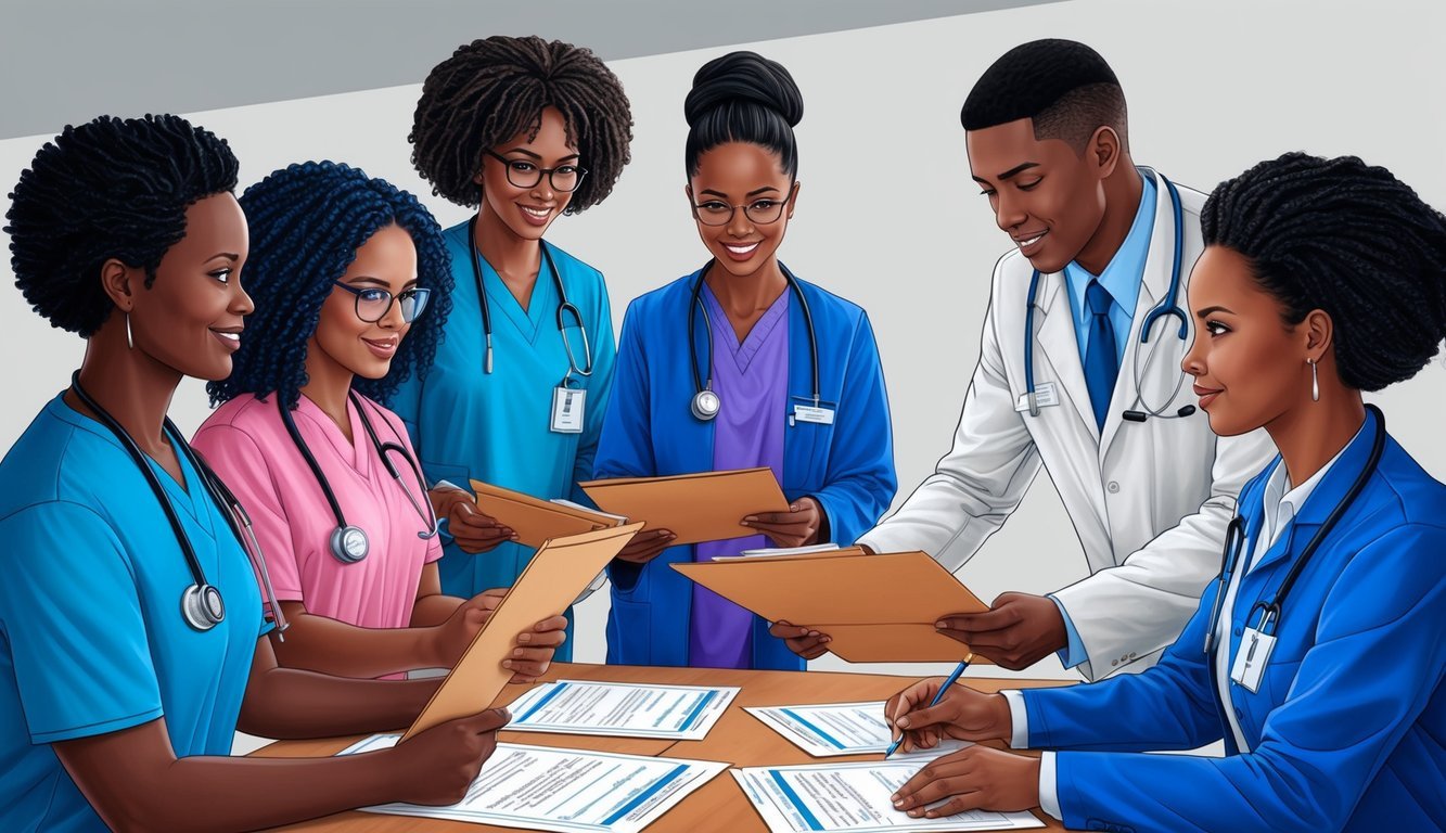 A group of FNP candidates submitting paperwork and credentials to an administrator for review
